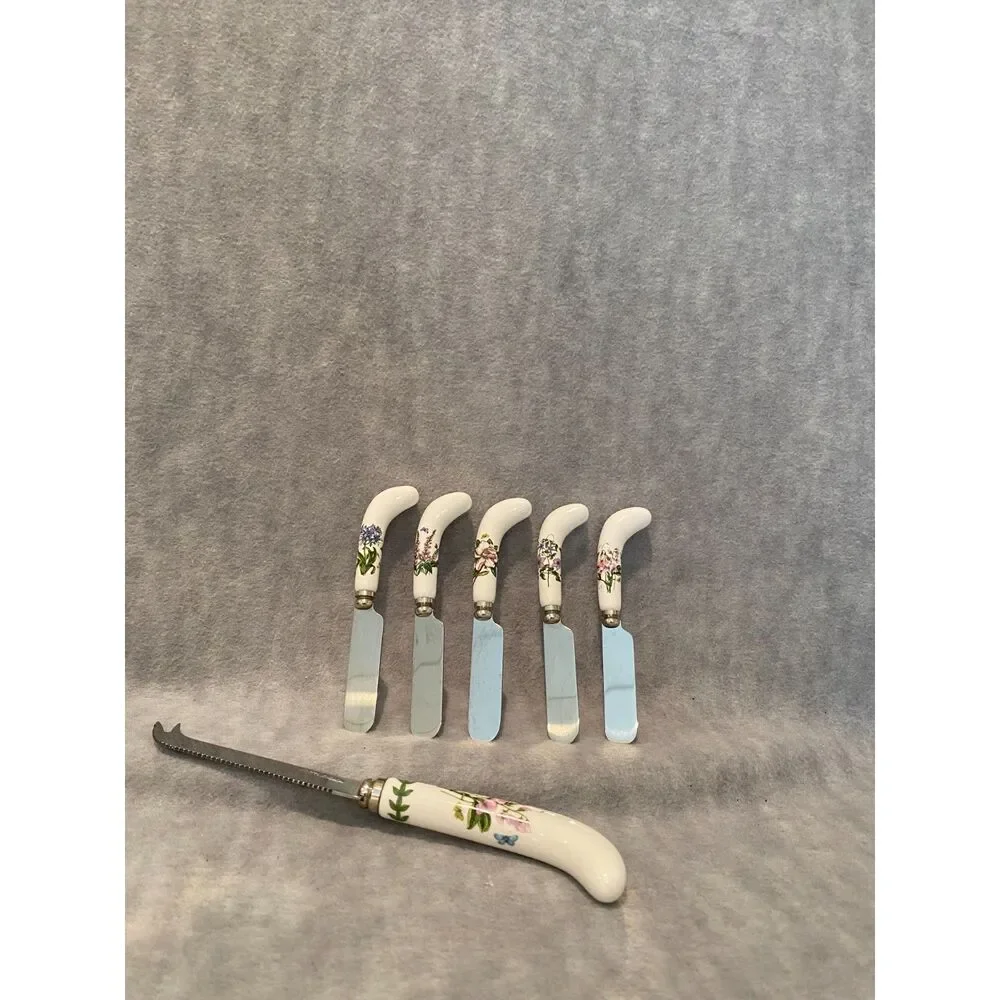 Portmeirion Botanic Garden Cheese Knife and 5 Spreaders Flowers‎ Ceramic